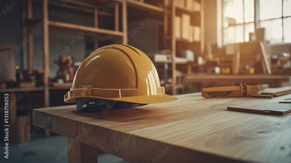 Poster yellow hard hat placed on a wooden table in a workshop with tools and sunlight filtering through win