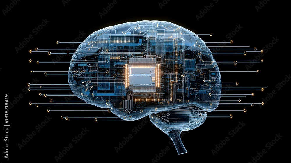 Poster advanced intelligence concept featuring a futuristic digital brain design with intricate electronic 