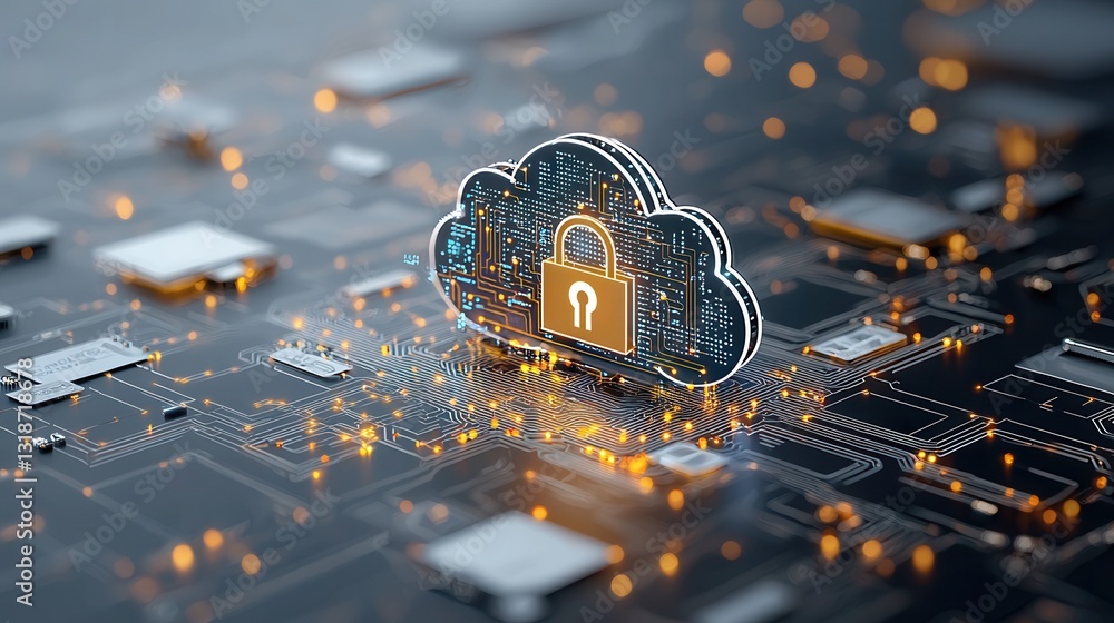 Poster advanced cybersecurity concept illustrating a secure cloud based digital infrastructure with encrypt