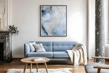 Home decor, stylish Scandinavian living room interior with design mint sofa, furnitures, mock up poster map, plants, and elegant personal accessories. Interior design. Template. Ready to use