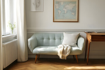 Obraz premium Home decor, stylish Scandinavian living room interior with design mint sofa, furnitures, mock up poster map, plants, and elegant personal accessories. Interior design. Template. Ready to use