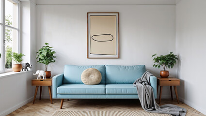 Modern interior design with light blue sofa and minimalist decor