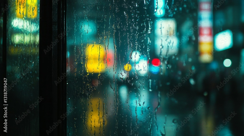 Poster vivid city lights blur through glass covered in raindrops, creating a captivating display of colors 