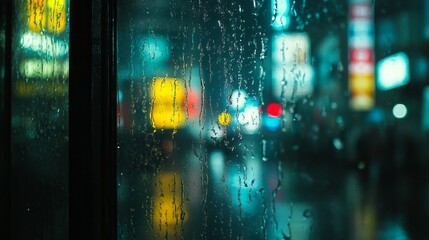 Vivid city lights blur through glass covered in raindrops, creating a captivating display of colors as night falls in an urban environment. The atmosphere feels alive and dynamic