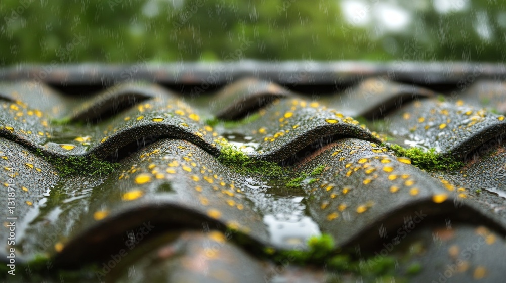 Poster water droplets cascade down a textured roof, where vibrant moss and lichen thrive. soft light filter