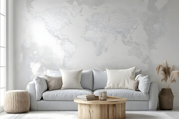 Interior design, template, ready to use, stylish Scandinavian living room interior with design mint sofa, furnitures, mock up poster map, plants, and elegant personal accessories. Home decor.