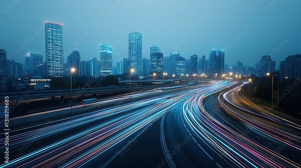Poster captivating nighttime scene of a towering technologically advanced city with high speed traffic zipp