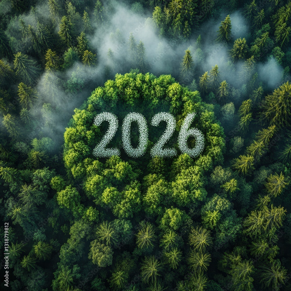 Poster aerial drone shot of a dense lush green forest with mist gently floating above the treetops creating