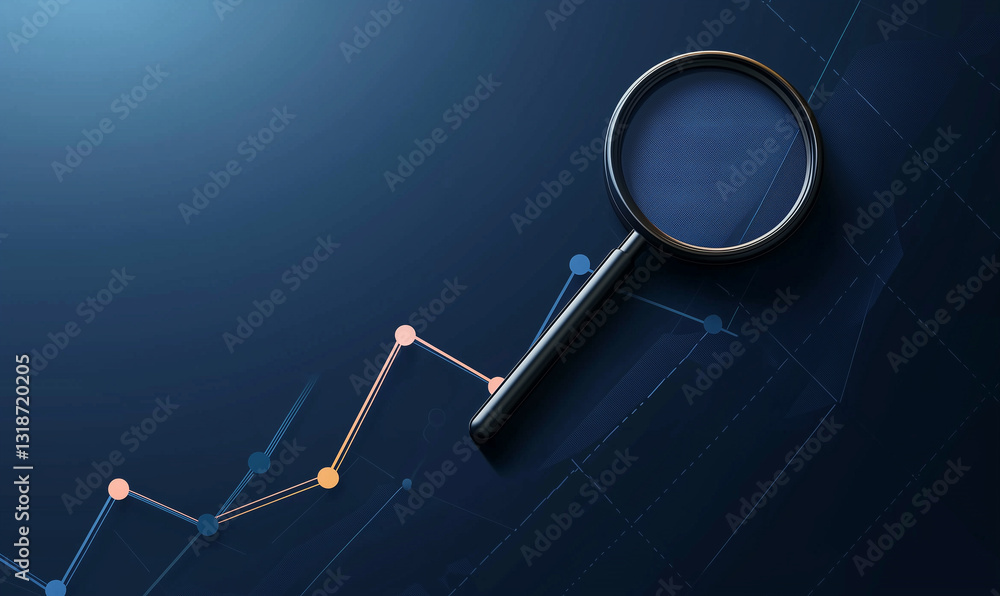 Poster analyzing data trends with magnifying glass in digital environment infographic visualization profess