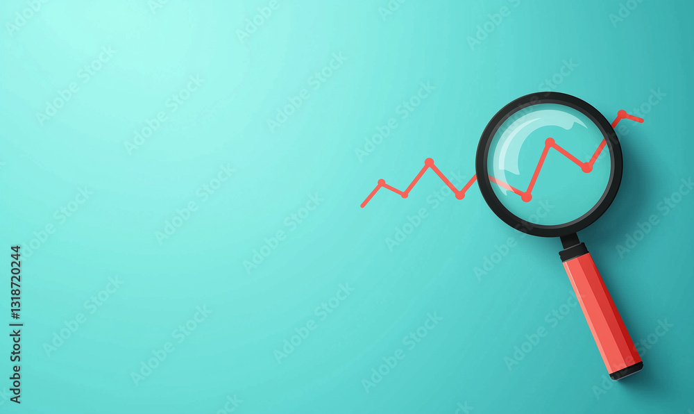 Poster analyzing market trends with magnifying glass digital workspace infographic creative visualization c