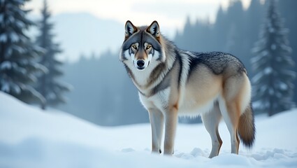 Naklejka premium Majestic Wolf Standing in a Snowy Landscape