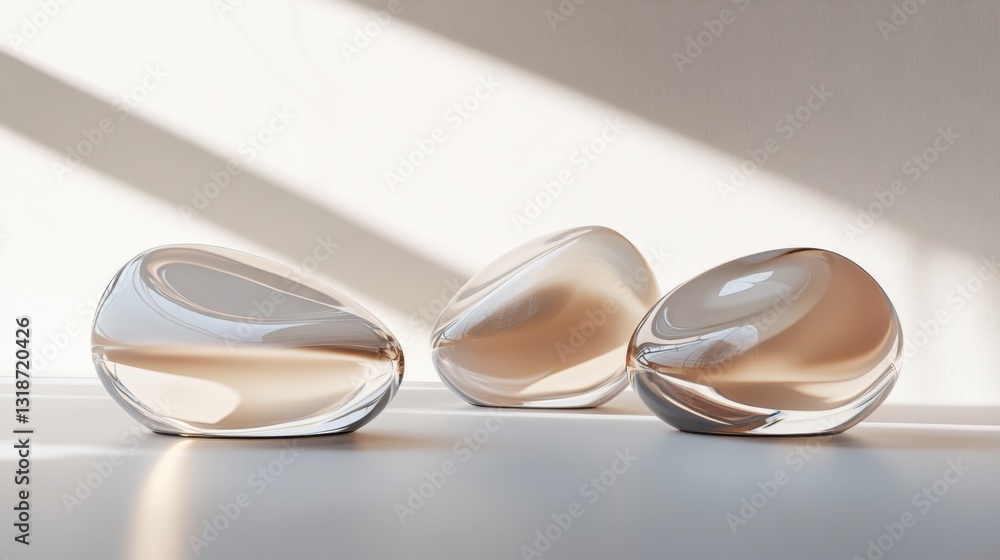 Poster futuristic smooth abstract shapes with soft reflections and neutral colors, minimal 3d design