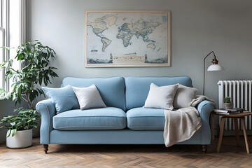 Home decor, stylish Scandinavian living room interior with design mint sofa, furnitures, mock up poster map, plants, and elegant personal accessories. Interior design. Template. Ready to use