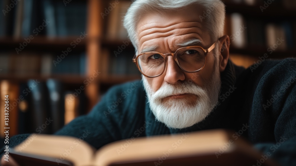 Poster man with glasses is sitting in front of a book with his head tilted. he is reading or thinking about