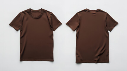 Front and back view of a brown t-shirt laid flat on a surface, a flat lay concept used as a mockup design template
