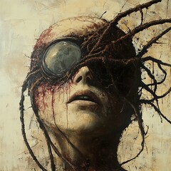 Enigmatic Face Entwined with Roots: A Surreal Painting