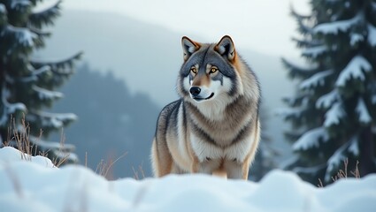 Naklejka premium Majestic Wolf Standing in a Snowy Landscape
