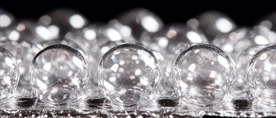 Close-up view of clear, spherical capsules in a blister pack against black