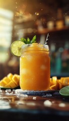 mango margarita cocktail on the rocks with salt in an artisan mason jar