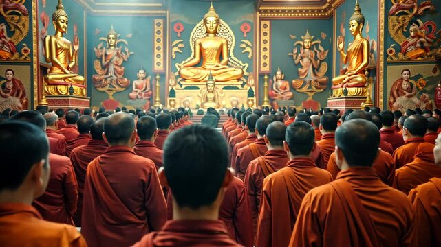 Vesak, Buddha Purnima. Large group of monks are standing in a room with a statue of Buddha in the center. The atmosphere is peaceful and serene