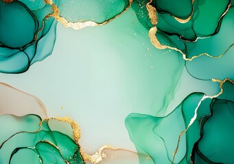 Luxurious emerald and gold foil alcohol ink art, abstract fluid marble texture, Modern premium decorative background design.