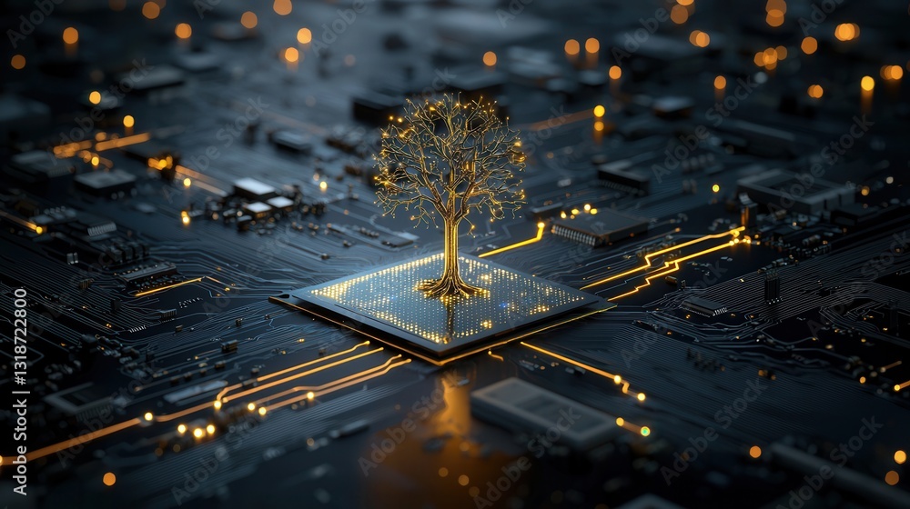 Poster intelligence and digital evolution represented in glowing futuristic tree fractal digital technology