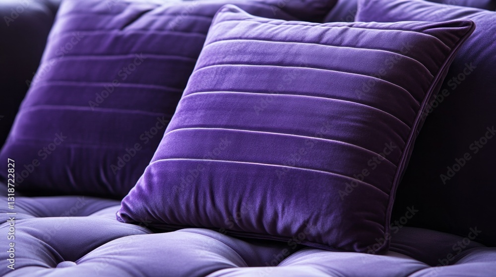 Poster plush velvet pillows in deep purple rest against a stylish couch, adding a touch of sophistication a