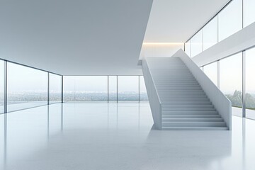 Obraz premium Spacious modern interior with white staircase and panoramic windows overlooking the city