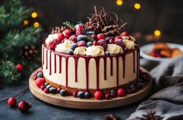 Delicious christmas drip cake decorated with berries and pine cones