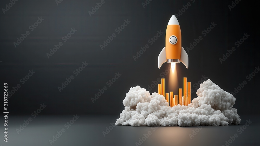 Poster rocket startup growth concept with colorful data visualization charts and graphs representing busine