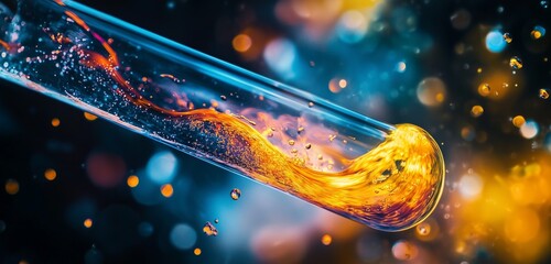 Detailed view of microscopic molecules floating within a liquid, illuminated with light. --ar 16:9