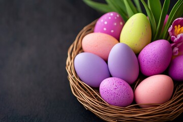 Colorful easter eggs resting in a nest with spring flowers