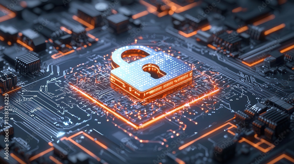 Poster futuristic and abstract image of an illuminated circuit board representing the concept of cyber defe