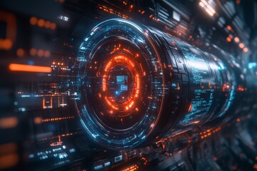 Obraz premium Futuristic digital interface showcasing intricate technology in a cyberpunk cityscape during night
