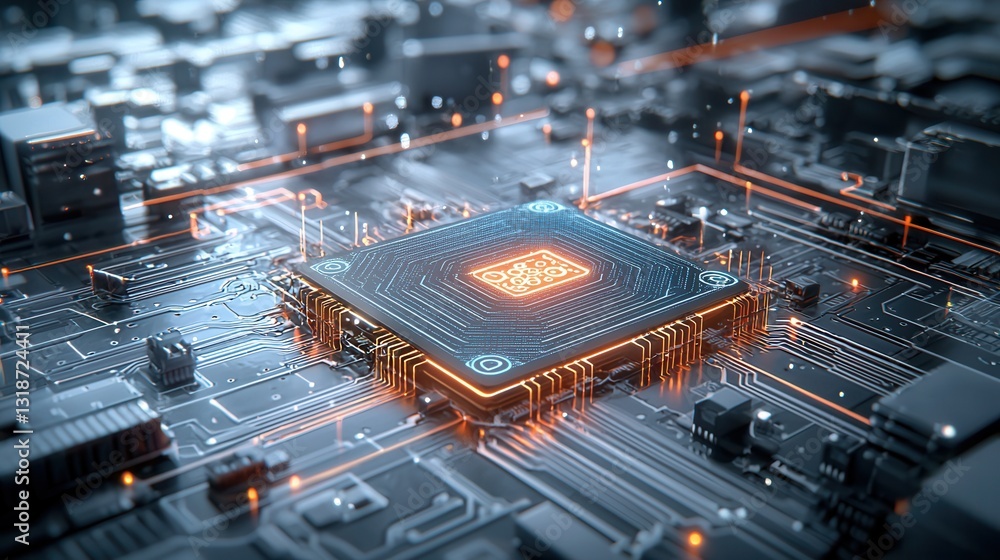 Poster cybernetic and big data processing concept with futuristic circuit board and microchips abstract tec