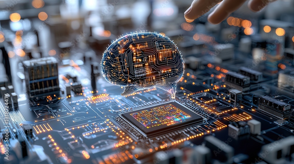 Poster cybernetic and processor artwork with futuristic digital circuit patterns and glowing neon lights co