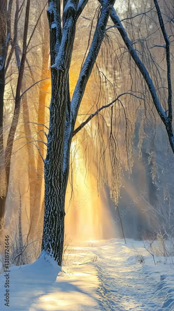 Poster winter sunlight filters through trees in a snowy forest at dawn creating a magical atmosphere of war