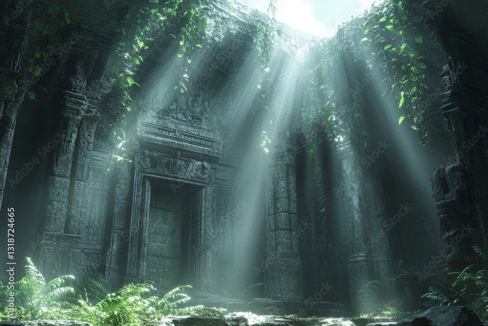 Poster light filters through ancient ruins covered in vines and ferns in a tranquil setting