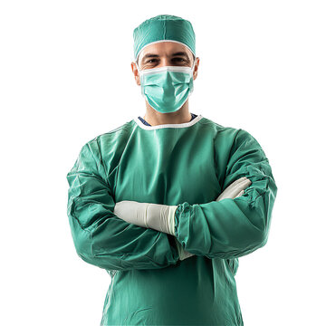 A Caucasian surgeon in green surgical attire, with a mask pulled down and a confident smile, standing with arms crossed 