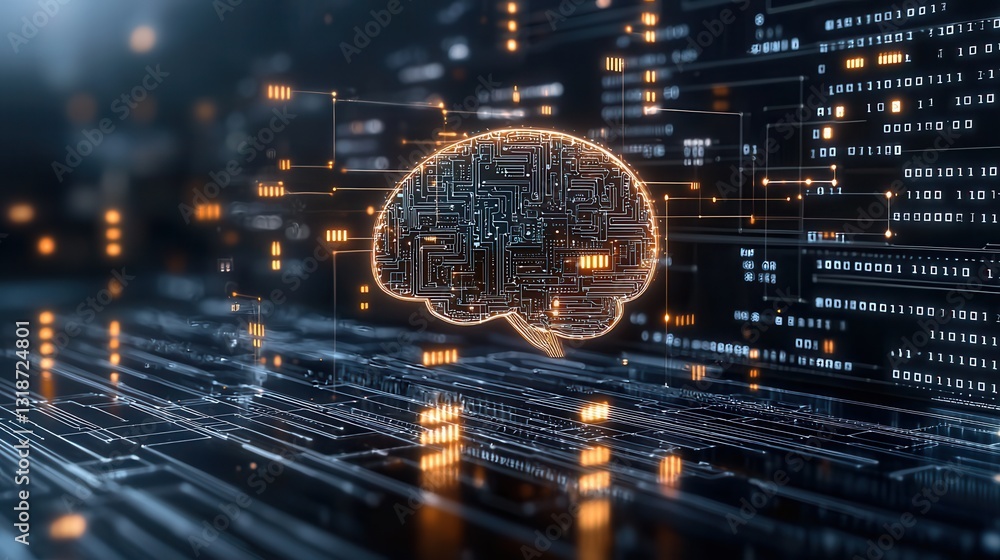 Poster cybernetic human intelligence visualization featuring futuristic digital brain and advanced technolo