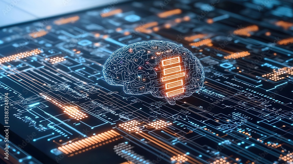Poster cybernetic human intelligence visualization featuring futuristic digital circuits and glowing neural