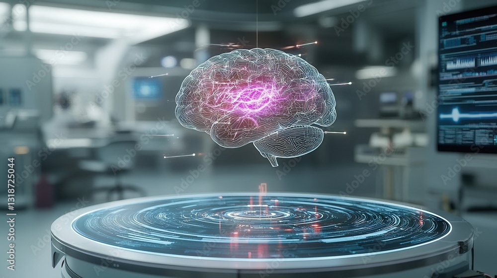 Poster cybernetic intelligence visualization showcasing futuristic digital brain interface with holographic