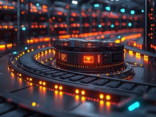 Futuristic Warehouse with AI Powered Robots Sorting Packages on Efficient Conveyor Belts