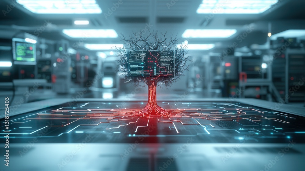 Poster cyberpunk inspired digital artwork depicting a hybrid organism with a tree like structure and a comp