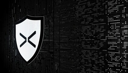 Endpoint protection antivirus concept. A sleek black background featuring a white shield logo, suggesting themes of security and digital protection.