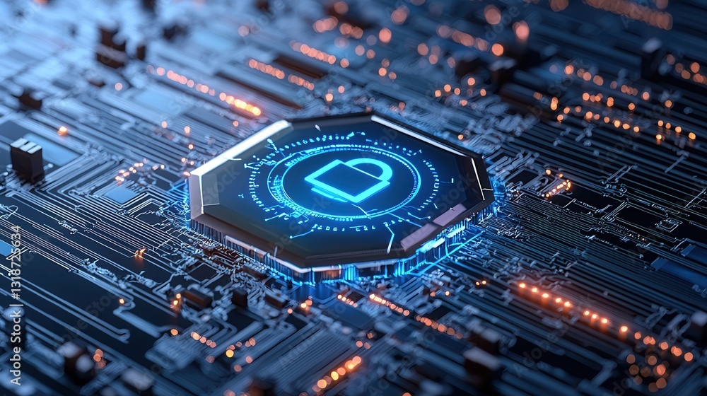 Poster inspired data protection artwork featuring a glowing hexagonal grid abstract digital elements and fu
