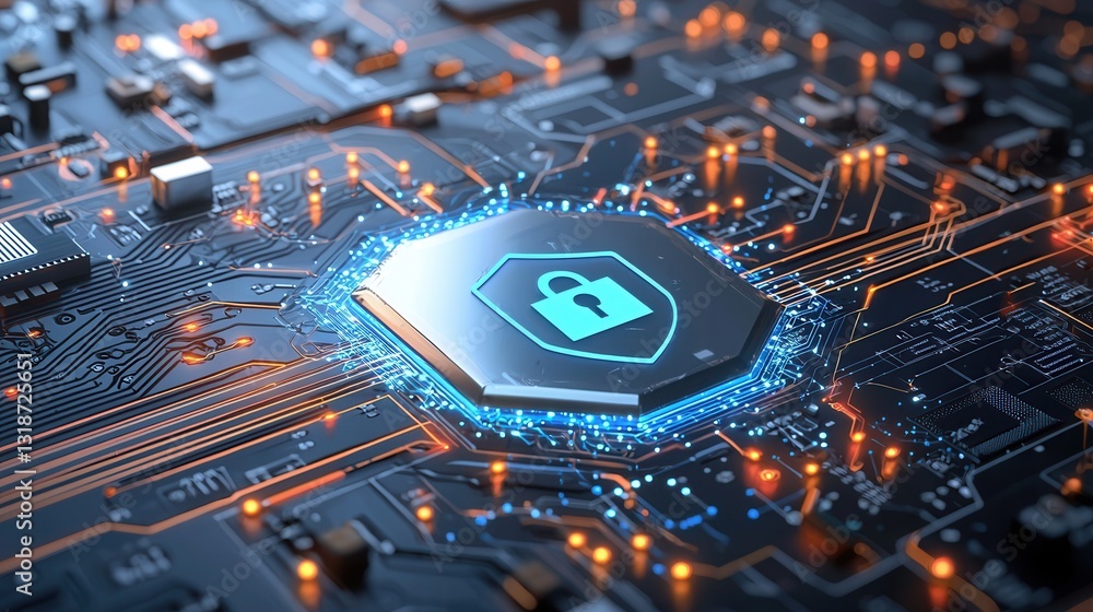 Poster cyberpunk inspired digital artwork featuring a futuristic data protection system with a shield and l