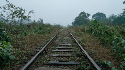 Fototapeta premium Abandoned train tracks overgrown with vegetation, shrouded in mist, disappearing into the distance under an overcast sky
