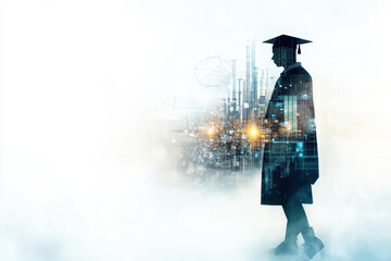 A futuristic lab shows a double exposure of a graduate among holographic DNA strands and microscopes, symbolizing biotech innovation and the pursuit of knowledge.