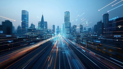 Obraz premium Futuristic cyberpunk inspired smart city skyline at night with blurred motion of high speed traffic and glowing skyscrapers Showcasing the innovation progress and advanced infrastructure of a modern